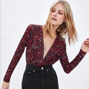 Zara Red Animal Print Long Sleeve Wrap Bodysuit